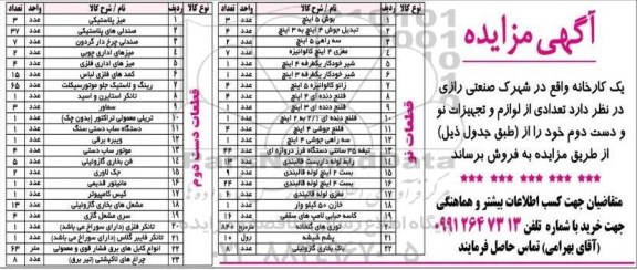 مزایده, مزایده تعدادی از لوازم و تجهیزات نو و دست دوم شامل بوش 5 اینچ و ...