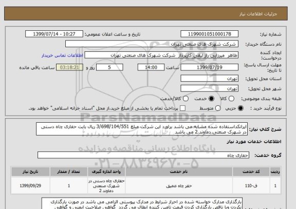 استعلام ایرانکداستفاده شده مشابه می باشد براورد این شرکت مبلغ 3/698/104/551 ریال بابت حفاری چاه دستی در شهرک صنعتی دماوند 2 می باشد