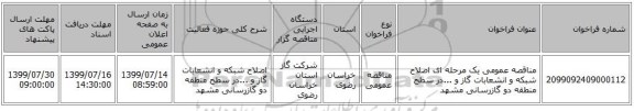 مناقصه عمومی یک مرحله ای اصلاح شبکه و انشعابات گاز و ...در سطح منطقه دو گازرسانی مشهد