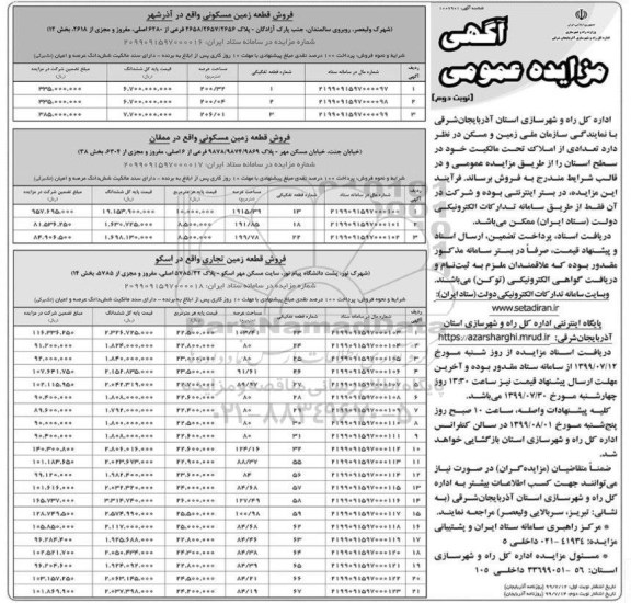 مزایده مزایده فروش تعدادی از املاک زمین مسکونی و تجاری نوبت اول 