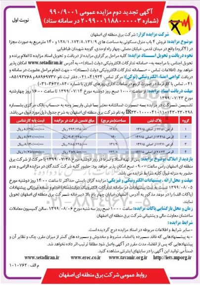 آگهی مزایده مزایده تجدید دوم فروش 4 باب منزل مسکونی نوبت اول