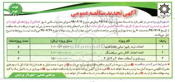 تجدید مناقصه عمومی , مناقصه احداث نرده رفیوژ میانی جاده قدیم	و ...تجدید نوبت دوم 