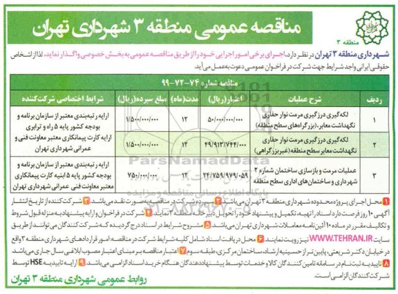 مناقصه، مناقصه لکه گیری درزگیری مرمت نوار حفاری و...