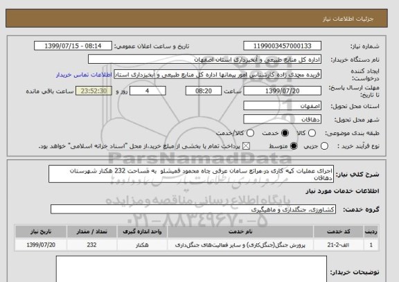 استعلام اجرای عملیات کپه کاری در مراتع سامان عرفی چاه محمود قمیشلو  به مساحت 232 هکتار شهرستان دهاقان