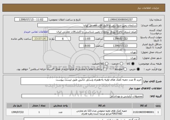 استعلام خرید 8 عدد جعبه کمک های اولیه به همراه وسایل جانبی طبق لیست پیوست