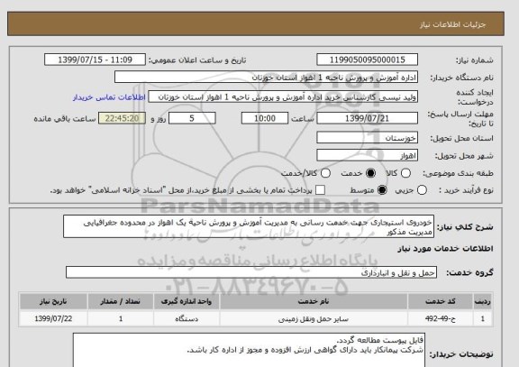 استعلام خودروی استیجاری جهت خدمت رسانی به مدیریت آموزش و پرورش ناحیه یک اهواز در محدوده جغرافیایی مدیریت مذکور