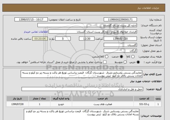 استعلام نمایندگی پستی روستایی شرق  شهرستان گرگان  قیمت براساس توزیع هر پاکت و بسته زیر دو کیلو و بسته امانات پستی بالای دو کیلو  ثبتی پیوست