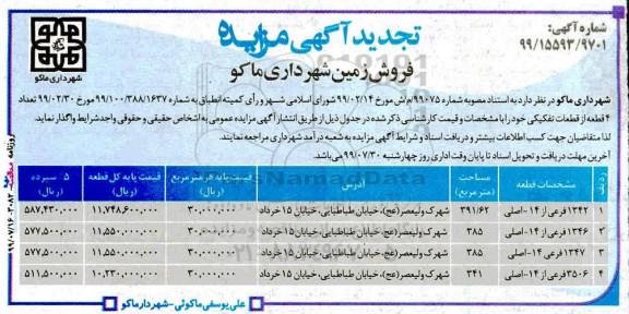 مزایده، مزایده فروش 4 قطعه از قطعات تفکیکی 
