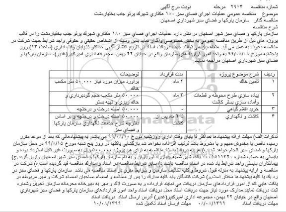 مناقصه, مناقصه عملیات اجرای فضای سبز 180 هکتاری شهرک