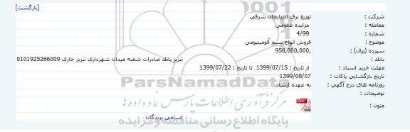 مزایده فروش انواع سیم آلومینیومی