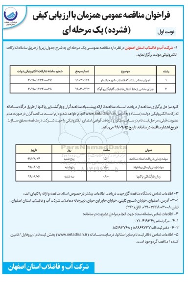 مناقصه عمومی, مناقصه اجرای بخشی از شبکه فاضلاب...