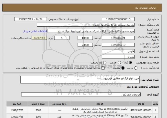 استعلام خرید انواع ایگناتور مطابق فرم پیوست