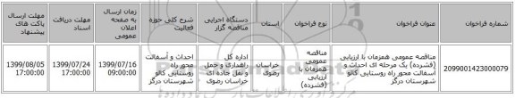 مناقصه عمومی همزمان با ارزیابی (فشرده) یک مرحله ای احداث و آسفالت محور راه روستایی کالو شهرستان درگز 