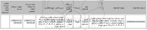 خرید خدمات مشاوره انجام خدمات نظارت بر اجرای باقیمانده خطوط انتقال و شبکه‌ جمع‌آوری فاضلاب ناحیه A واقع در مناطق 1، 3، 6، 7، 11 و 12 شهر تهران 