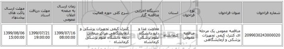 مناقصه عمومی یک مرحله ای کنترل کیفی تجهیزات پزشکی و آزمایشگاهی