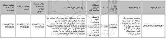 مناقصه عمومی یک مرحله ای خرید سه دستگاه چیلر هواخنک اسکرو دو مداره به ظرفیت کل 250تن نامی بیمارستان ضیایی اردکان
