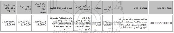 مناقصه عمومی یک مرحله ای تجدید مناقصه بهسازی و آسفالت راههای روستایی همت آباد و خورخورا شهرستان سلماس
