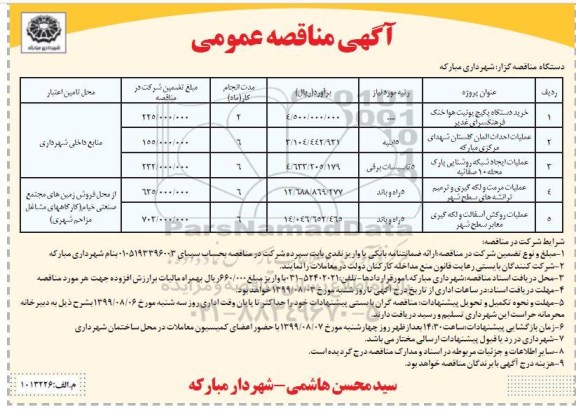 مناقصه خرید دستگاه پکیج یونیت هوا خنک