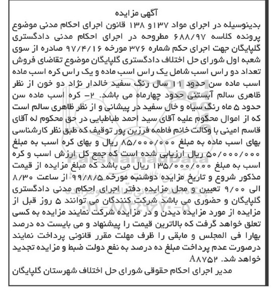 مزایده فروش تعداد دو راس اسب