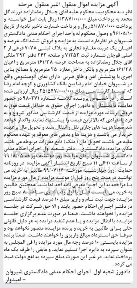 مزایده مزایده فروش ششدانگ عرصه و اعیان مغازه تجاری