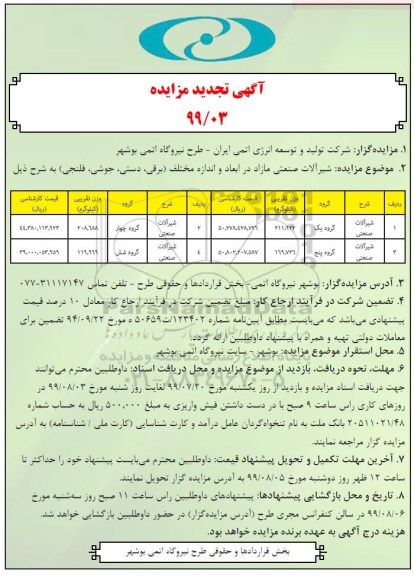 مزایده, مزایده شیرآلات صنعتی مازاد در ابعاد و اندازه مختلف- تجدید