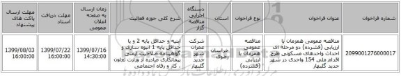 مناقصه عمومی همزمان با ارزیابی (فشرده) دو مرحله ای احداث واحدهای مسکونی طرح اقدام ملی 154 واحدی در شهر جدید گلبهار
