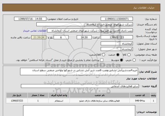 استعلام خرید4عددشیرآتش نشانی ونصب 6عدد شیر آتش نشانی در شهرکها ونواحی صنعتی سطح استان