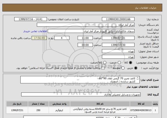 استعلام کاغذ تحریر 70 گرمی ابعاد 90*60
کشور سازنده : اندونزی
تعداد درخواست : 250 بند
شماره تماس : 09123481803آقای رشوند