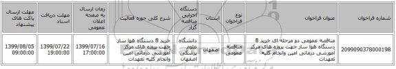 مناقصه عمومی دو مرحله ای خرید 8 دستگاه هوا ساز  جهت پروژه های مرکز آموزشی درمانی امین وانجام کلیه تعهدات 