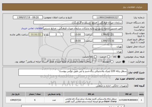 استعلام سطل زباله 220 لیتری پلاستیکی رنگ سبز و آبی طبق عکس پیوست