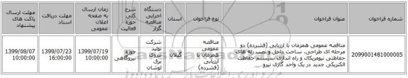 مناقصه عمومی همزمان با ارزیابی (فشرده) دو مرحله ای طراحی، ساخت داخل و نصب رله های حفاظتی نیومریکال و راه اندازی سیستم حفاظت الکتریکی جدید در یک واحد گازی نیرو