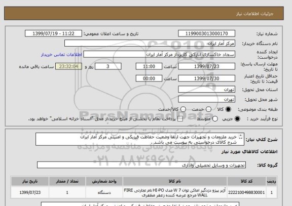 استعلام خرید ملزومات و تجهیزات جهت ارتقا وضعیت حفاظت فیزیکی و امنیتی مرکز آمار ایران
شرح کالای درخواستی به پیوست می باشد .
مورد تائید حراست مرکز باشد .