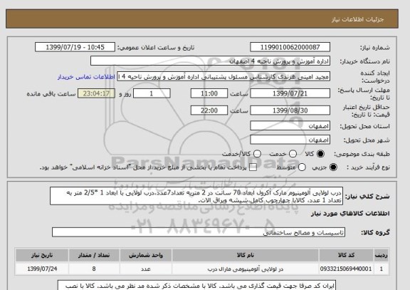 استعلام درب لولایی آلومینیوم مارک آکرول ابعاد 70 سانت در 2 متربه تعداد7عدد،درب لولایی با ابعاد 1 *2/5 متر به تعداد 1 عدد، کالابا چهارچوب کامل،شیشه ویراق الات.