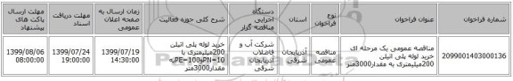 مناقصه عمومی یک مرحله ای خرید لوله پلی اتیلن 200میلیمتری به مقدار3000متر