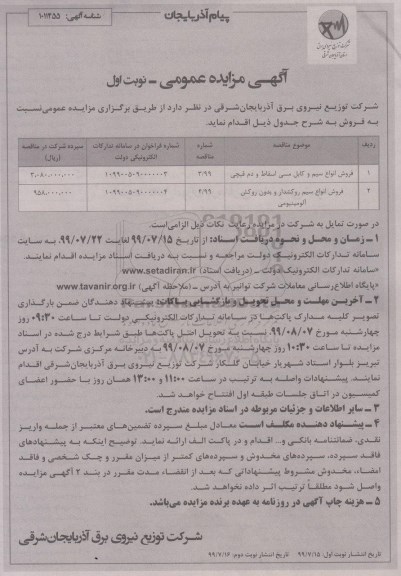 مزایده فروش انواع سیم و کابل مسی