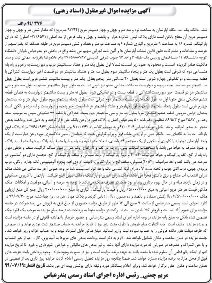 مزایده,مزایده ششدانگ یک دستگاه آپارتمان 93.44 مترمربع