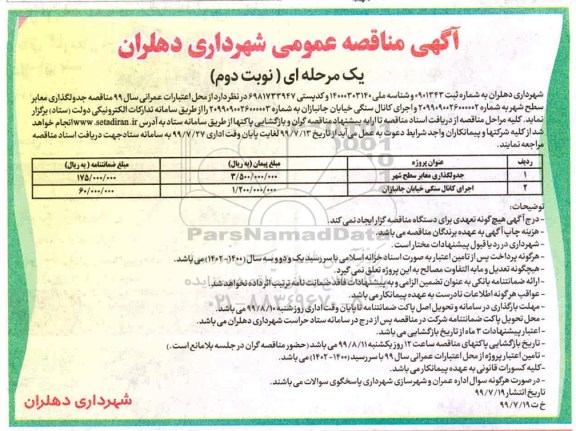 مناقصه عمومی, مناقصه جدول گذاری معابر سطح شهر و ... نوبت دوم 