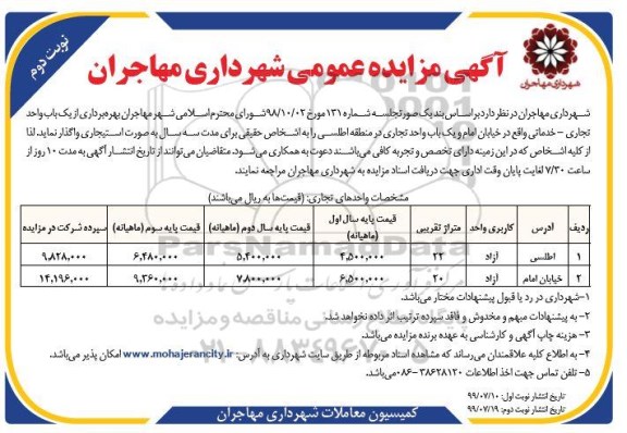 مزایده بهره برداری از یک باب واحد تجاری - خدماتی... نوبت دوم 