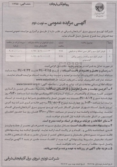 مزایده فروش انواع سیم و کابل مسی