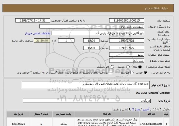 استعلام خرید لوازم گازرسانی برای تولید مصالح طبق فایل پیوستی