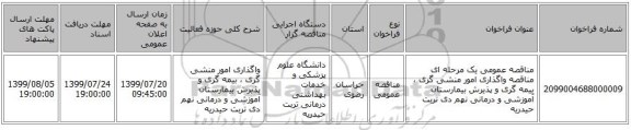 مناقصه عمومی یک مرحله ای مناقصه واگذاری امور منشی گری ، بیمه گری و پذیرش بیمارستان آموزشی و درمانی نهم دی تربت حیدریه