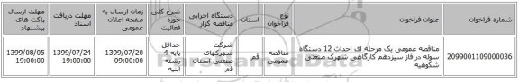 مناقصه عمومی یک مرحله ای احداث 12 دستگاه سوله در فاز سیزدهم کارگاهی شهرک صنعتی شکوهیه
