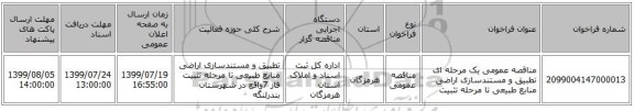 مناقصه عمومی یک مرحله ای تطبیق و مستندسازی اراضی منابع طبیعی تا مرحله تثبیت 