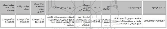 مناقصه عمومی یک مرحله ای تطبیق و مستندسازی اراضی منابع طبیعی تا مرحله تثبیت 