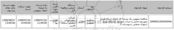 مناقصه عمومی یک مرحله ای اصلاح شبکه فشار متوسط داخلی و حداث تابلو برق ایستگاه پمپاژ شهرک صنعتی سروستان 2