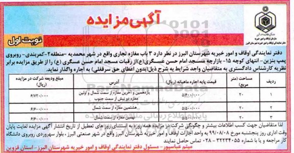 مزایده، مزایده اجاره 3 باب مغازه تجاری