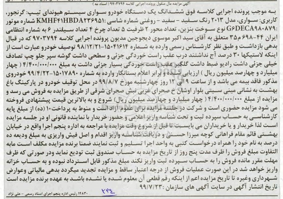 مزایده, مزایده فروش یک دستگاه خودرو سواری سیستم هیوندای مدل 2013 