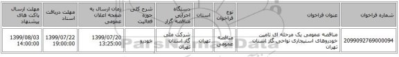 مناقصه عمومی یک مرحله ای تامین خودروهای استیجاری نواحی گاز استان تهران