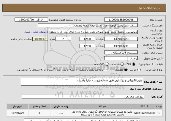 استعلام لوازم الکتریکی و روشنایی طبق ضمایم پیوست انبار2 زاهدان