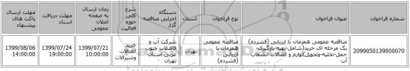مناقصه عمومی همزمان با ارزیابی (فشرده) یک مرحله ای خرید(شامل-تهیه-بارگیری-حمل-تخلیه-وتحویل)لوازم و اتصالات انشعاب آب